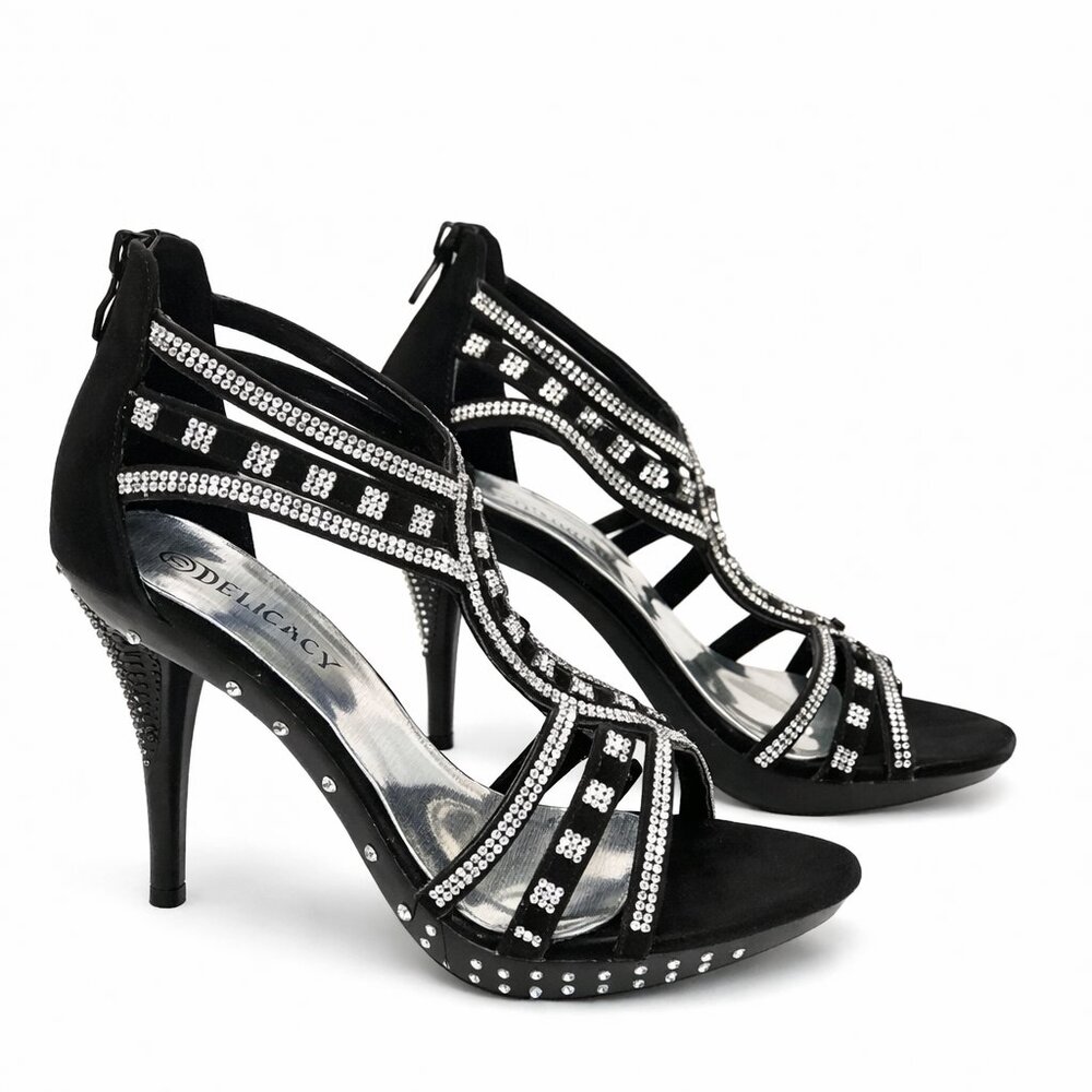 Delicacy black rhinestone sandals spike heels zipper back Size: 7.5